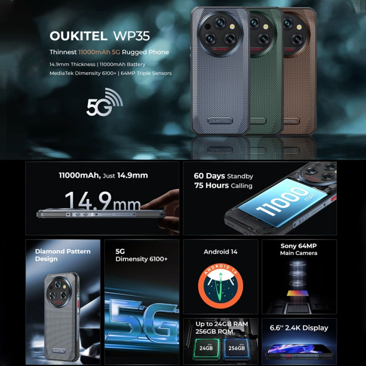 Oukitel WP35 5G Rugged Phone, 8GB+256GB, IP68/IP69K Fingerprint Identification, 11000mAh, 6.6 inch MediaTek Dimensity 6100+ Octa Core, NFC, OTG, Network: 5G, WP35 5G Oukitel WP35 5G Rugged Phone, 8GB+256GB, IP68/IP69K Fingerprint Identification, 11000mAh, 6.6 inch MediaTek Dimensity 6100+ Octa Core, NFC, OTG, Network: 5G, WP35 5G